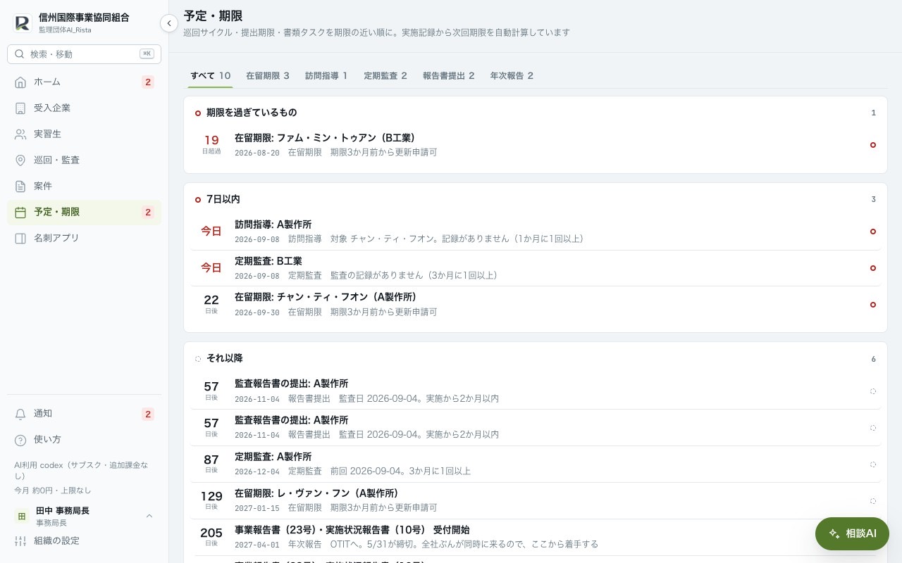 予定・期限の一覧。期限を過ぎたもの、7日以内、それ以降に分かれて並ぶ
